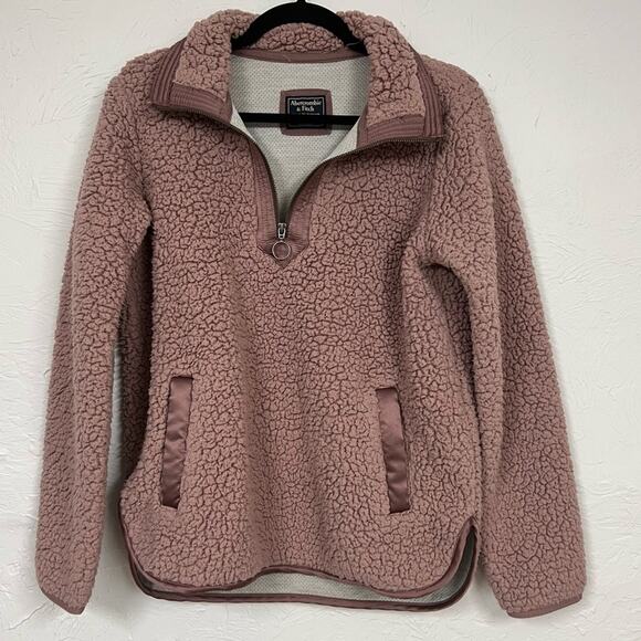Abercrombie & Fitch Pink Teddy Bear Jacket Sweater Womens S Pullover Quarter Zip - Picture 1 of 8